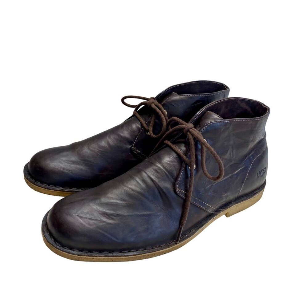 Ugg Mens Leather Chukka Boots Size 12 Brown Shearling-Lined Casual Comfort